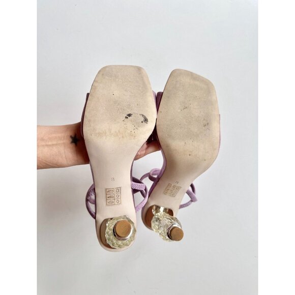 JEFFREY CAMPBELL Gema Lilac Metallic Suede Clear Beaded Heel Sandals, Size 8 - Picture 9 of 12
